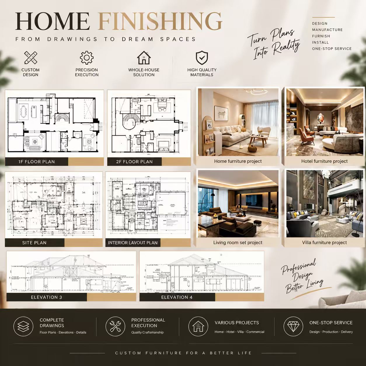Home finishing — from architectural floor plans and elevations to realised living, hotel and villa interiors