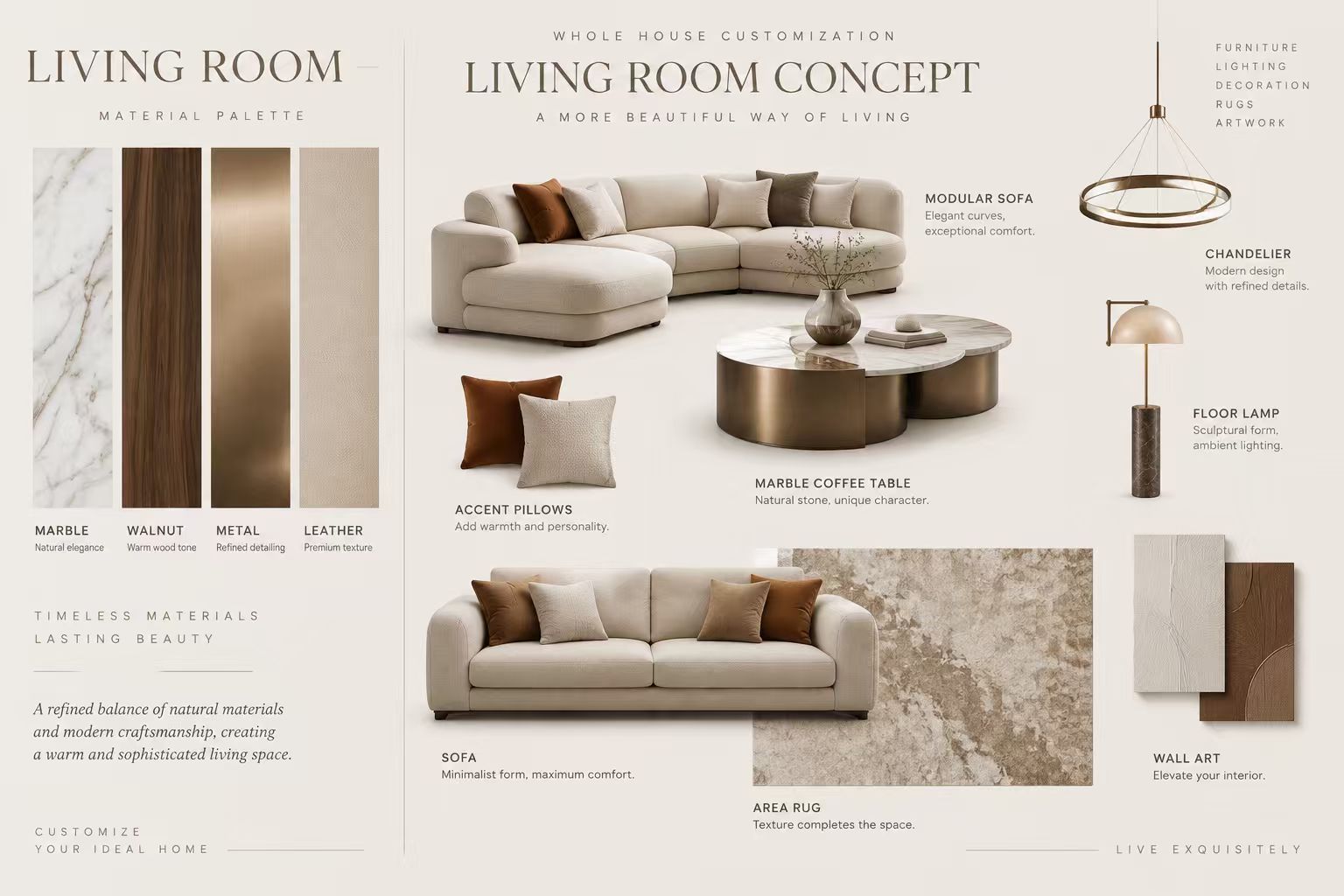 Living room concept — modular sofa, marble coffee table and curated material palette