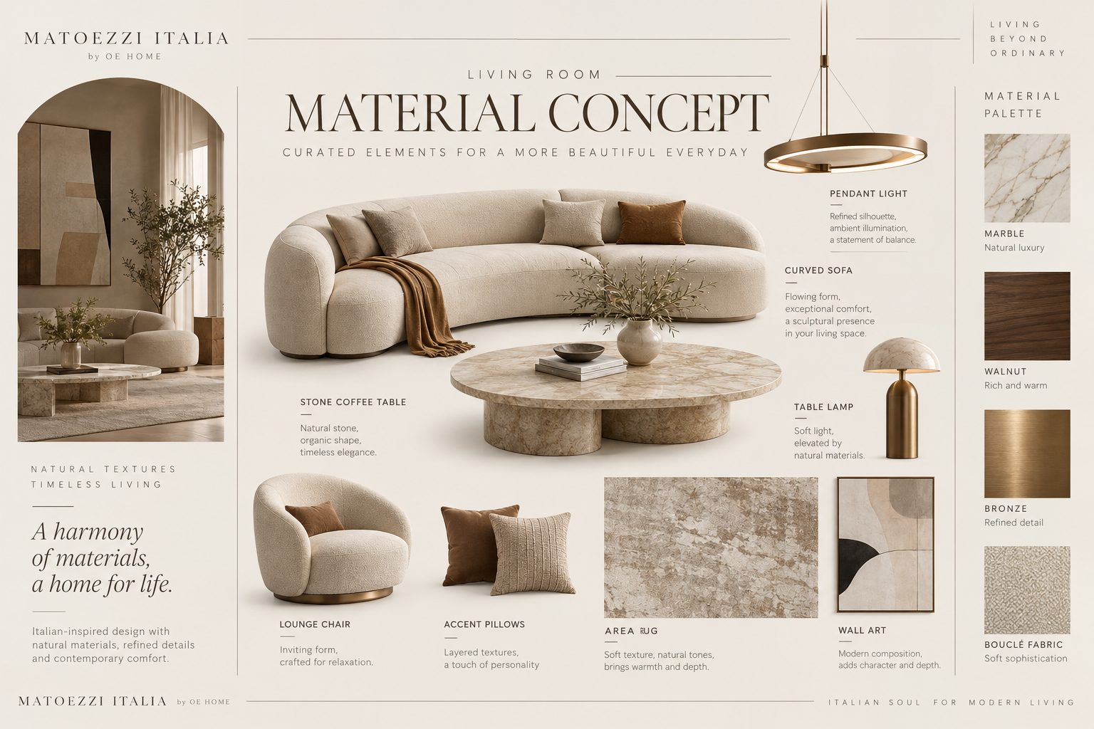 Material concept with curved sofa
