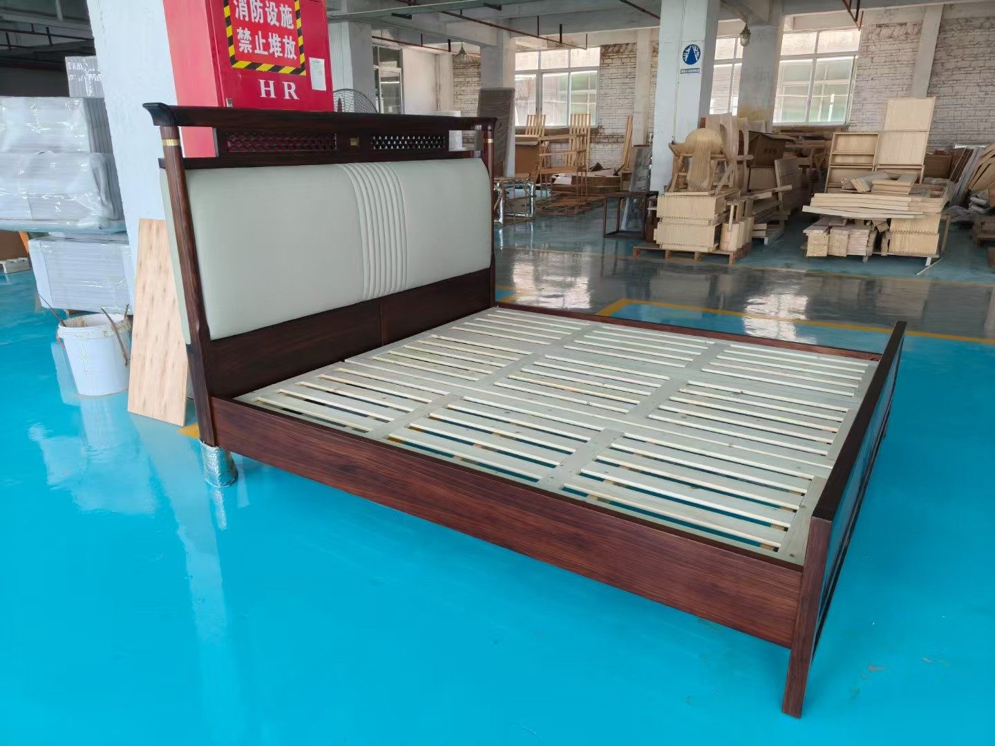 Upholstered bed in warm neutral tone