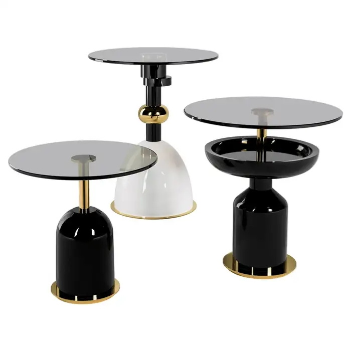Contemporary Minimal Black, White & Gold Round Side Table Set With Glass Top